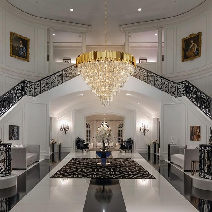 Gold Crystal Chandelier 40” 8-Tier Modern Round K9 Crystal Ceiling Light, Height Adjustable 16-Light Luxury Pendant Lighting for High Ceiling Dining Room Living Room Foyer Staircase