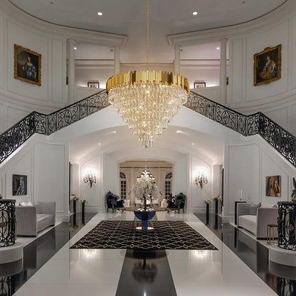 Gold Crystal Chandelier 40” 8-Tier Modern Round K9 Crystal Ceiling Light, Height Adjustable 16-Light Luxury Pendant Lighting for High Ceiling Dining Room Living Room Foyer Staircase
