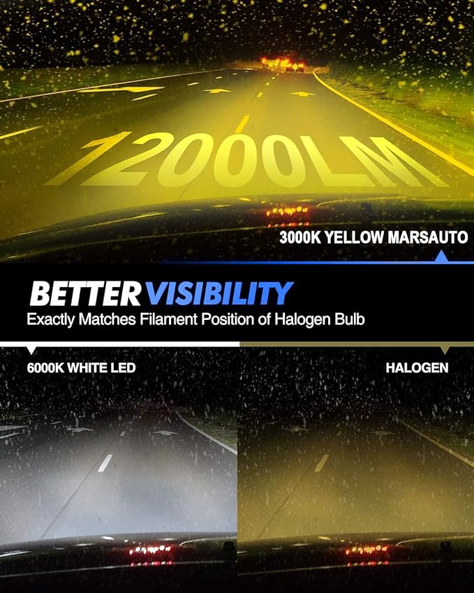 Marsauto H16 H8 Led Fog Light Bulb Yellow 12,000LM, 1:1 Size H11 Yellow Fog Lights, Real 360° Illumination 3000K Amber Strong Penetration, Upgraded LED Chips H11 H8 Fog Bulb, Tail Light Covers