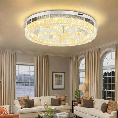 Modern Crystal Chandeliers for Dining Room Flush Mount Ceiling Chandelier for Living Room Dining Room Ring LED Crystal Ceiling Light (Round,32in Silver,Dimmable 2700K-6500K)