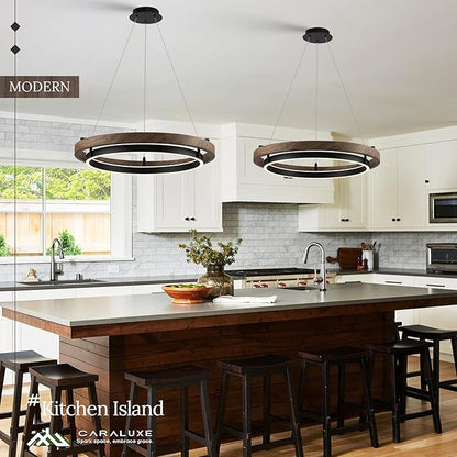 LED 2 Ring Chandelier Dimmable Up Down Light Black Chandelier Round Foyer Chandeliers Light Walnut Wood Black Circular Chandeliers for Dining Room Entry Bedroom Office Living Room
