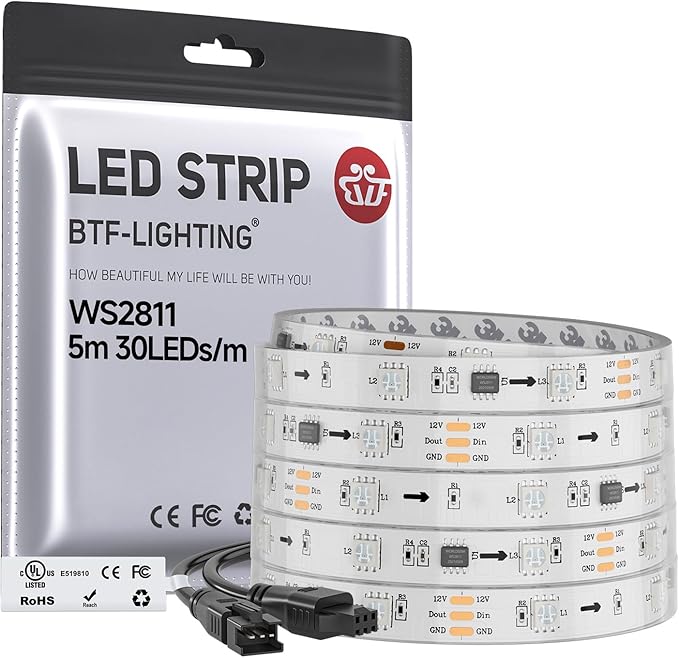 BTF-LIGHTING WS2811 IC=RGB+IC Addressable Color RGB LED Strip,16.4FT 30LED/m 10Pixels/m,IP67 White PCB,UL Listed,Flexible DC12V Chasing Effect for Indoor Home Decor(No Adapter or Controller)