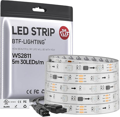 BTF-LIGHTING WS2811 IC=RGB+IC Addressable Color RGB LED Strip,16.4FT 30LED/m 10Pixels/m,IP67 White PCB,UL Listed,Flexible DC12V Chasing Effect for Indoor Home Decor(No Adapter or Controller)