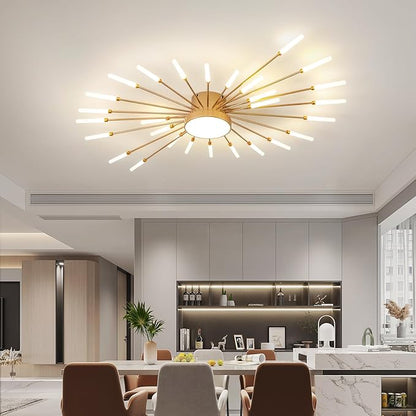 ziidoo Modern Ceiling Light, 28+1 Lights Metal Firework Designed Chic Led Lighting Fixture for Farmhouse Kitchen Dining Room Bedroom Hallway Living Room (Gold and Dark Gold)