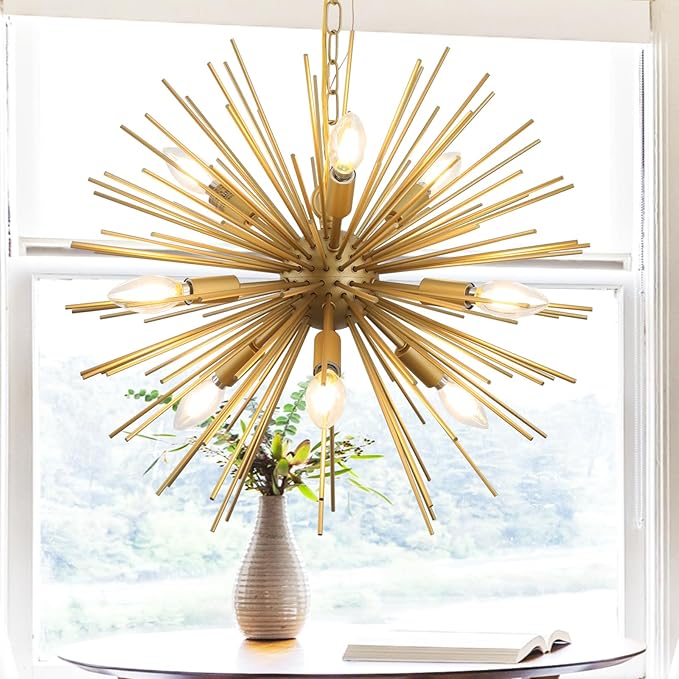 Modern 20in Gold Sputnik Chandelier 9-Lights Mid-Century Starburst Chandelier Solid Metal Firework Satellite Urchin Light Fixture Over Table for Foyer Dining Room Kitchen Bedroom Living Room