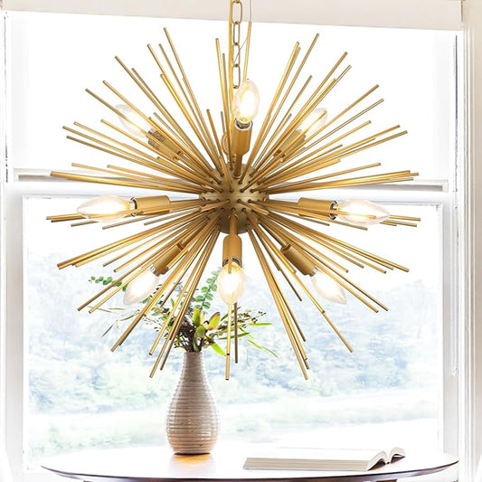 Modern 20in Gold Sputnik Chandelier 9-Lights Mid-Century Starburst Chandelier Solid Metal Firework Satellite Urchin Light Fixture Over Table for Foyer Dining Room Kitchen Bedroom Living Room