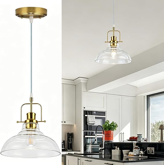 WILON Brass Gold Pendant Light Fixture, Modern Kitchen Pendant Lighting Over Island, Industrial Glass Pendant Light Over The Sink, Vintage Light for Dining Room Over Table Entry Foyer Bar
