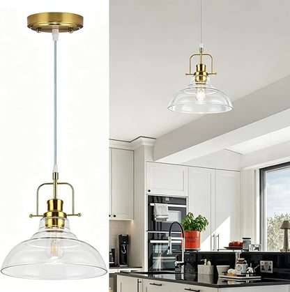 WILON Brass Gold Pendant Light Fixture, Modern Kitchen Pendant Lighting Over Island, Industrial Glass Pendant Light Over The Sink, Vintage Light for Dining Room Over Table Entry Foyer Bar