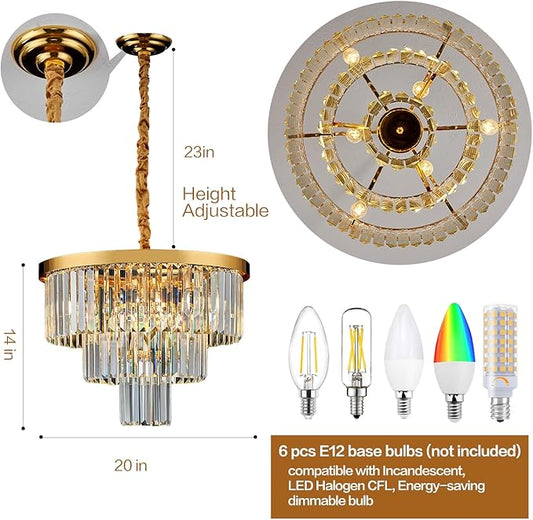 Gold Crystal Chandelier 20" Modern Chandelier 3 Tiers 6 Lights Pendant Lighting Crystal Ceiling Light Round Chandelier for Dining Room Kitchen Island Living Room Entryway Bedroom Office