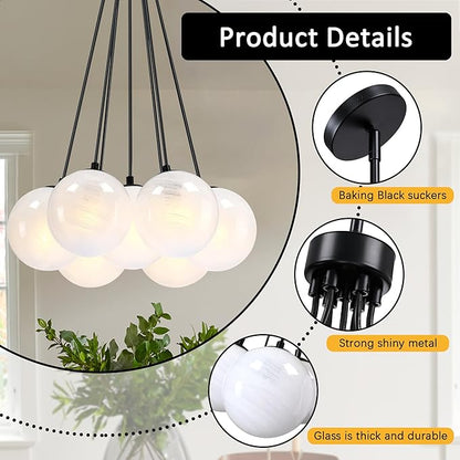 Modern Globe Black Chandelier Milky Glass Shade Sputnik Ceiling Light Fixture, Mid Century Bubble Dining Room Pendant Light, Hanging Island Light for Kitchen Bedroom Entryway Over Table