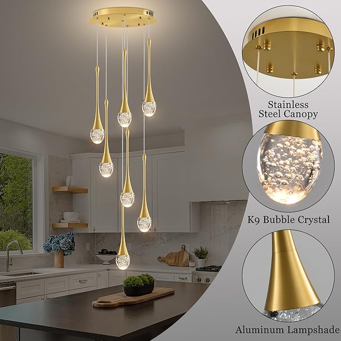 Modern Crystal Chandelier 7-Lights Gold, H60'' High Ceiling Spiral Dimmable LED Bubble Crystal Raindrop Light Fixture for Foyer Entryway Dining Room Remote Control