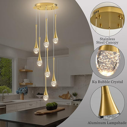 Modern Crystal Chandelier 7-Lights Gold, H60'' High Ceiling Spiral Dimmable LED Bubble Crystal Raindrop Light Fixture for Foyer Entryway Dining Room Remote Control