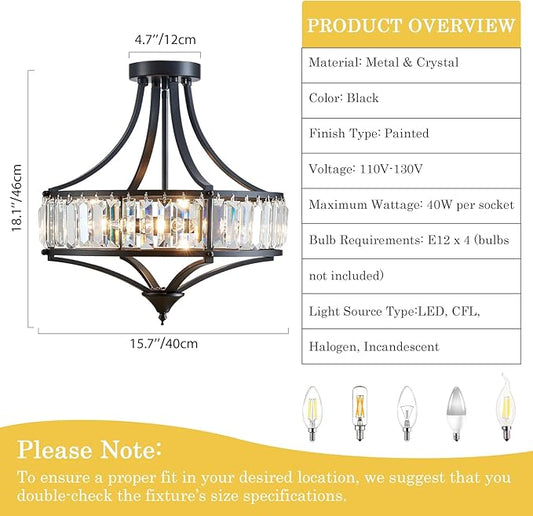 Crystal Black Ceiling Light Fixture, Modern Industrial Chandelier Semi Flush Ceiling Light for Dining Room Living Room Bedroom Hallway, Round Kitchen Lighting Fixtures Ceiling, 4 Lights