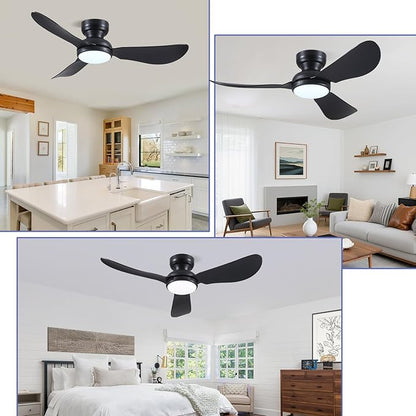 Kviflon 46 Inch Modern Ceiling Fans with Lights, Small Flush Mount Ceiling Fan with Light and Remote/APP Control, 3 Reversible Curved Blades, 6 Speeds, 3 CCT Dimmable Lights for Bedroom, Black