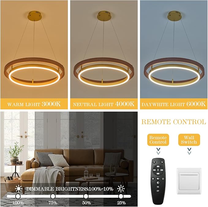 LED Ring Chandelier Dimmable Gold Chandelier Round Foyer Chandeliers Light Mahogany Wood Printed Circular Chandeliers for Dining Room Entry Bedroom Office Living Room, 24in
