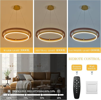 LED Ring Chandelier Dimmable Gold Chandelier Round Foyer Chandeliers Light Mahogany Wood Printed Circular Chandeliers for Dining Room Entry Bedroom Office Living Room, 24in