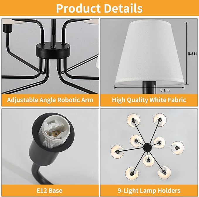 Farmhouse Chandeliers for Dining Room with White Fabric Shades,33”Black Light Fixture Chandelier,9-Lights entryway chandelier for foyer,2 Tiered Lantern Farmhouse Pendant Light for Living Room,Kitchen