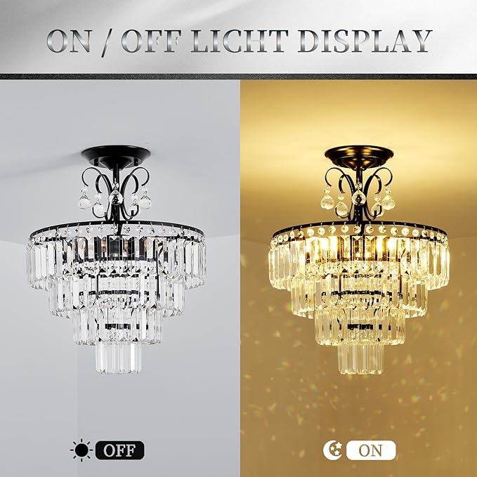 Black Crystal Chandeliers,4 -Lights Modern Crystal Chandelier for Dining Room,4 Tiers Small Chandeliers for Living Room Bedroom Kitchen Entryway E12 Base