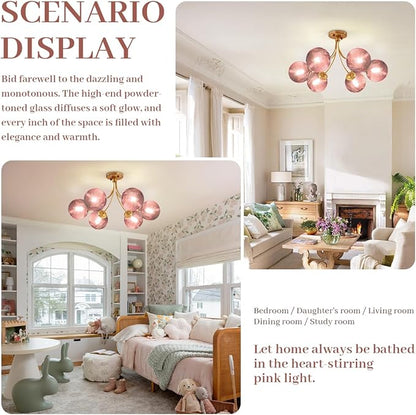 Modern Pink Chandelier 6-Lights Gold Ceiling Pendant Light with Striped Glass Shades Large Globe Chandelier Mid Century Flush Mount Ceiling Light Fixture for Dining Room Living Room