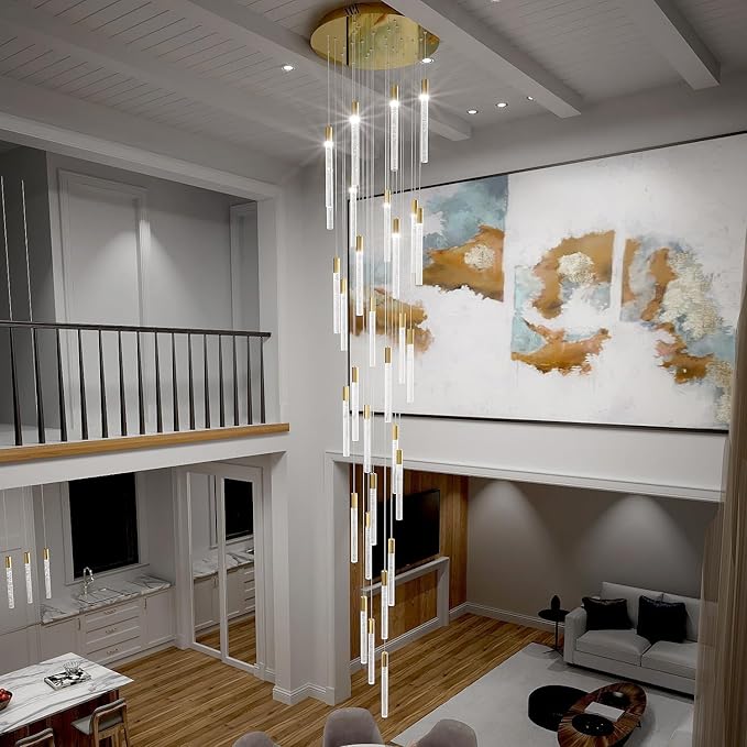 D28inxH177in Long Crystal Column Chandelier Extra Large Staircase Chandelier for High Ceiling Gold 30-Lights Dimmable LED Pendant Lighting Foyer Entryway Light Source is Replaceable