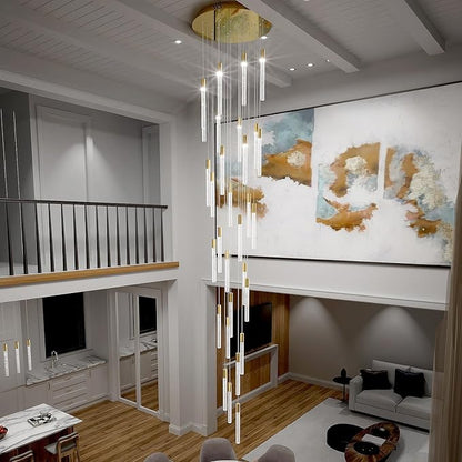 D28inxH177in Long Crystal Column Chandelier Extra Large Staircase Chandelier for High Ceiling Gold 30-Lights Dimmable LED Pendant Lighting Foyer Entryway Light Source is Replaceable