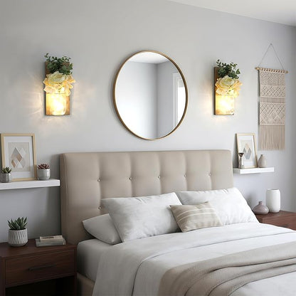 Farmhouse Wall Decor for Living Room Rustic Mason Jar Wall Sconces Set of 2 for Home Living Room Bedroom Decorations with Rose Bouquet Flowers and Remote LED Fairy Lights (Large Jacobean)