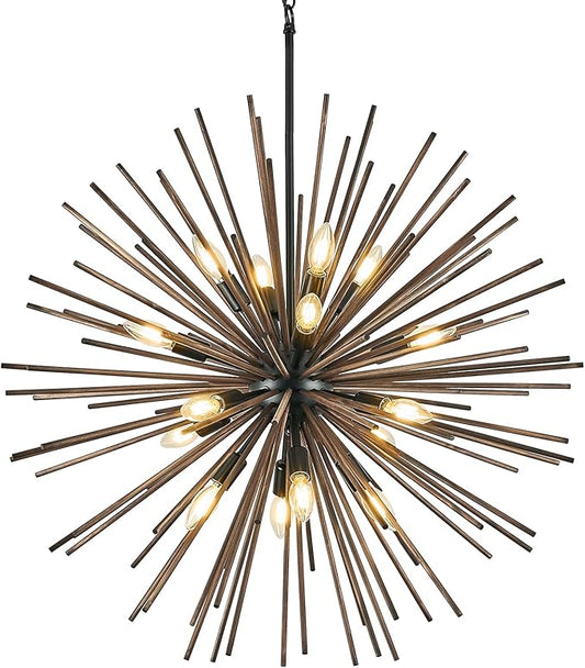 Large Wood Sputnik Chandeliers 16 Light Starburst Chandelier Light Fixture Solid Wood Farmhouse Black Satellite Light Fixture for Dining Room Foyer Living Room 32in