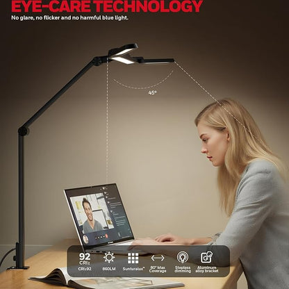 Honeywell Wide Desk Lamp with Clamp for Dual Monitors, 22W Full-Spectrum Eye-Caring LED Desk Lamp for Home Office, 3-Section Adjustable Architect Light for Large Desk, Stepless Dimming, 3000K-5700K