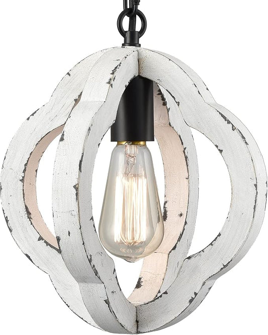 SAMTEEN Farmhouse Wood Pendant Light Distressed White Wood Chandelier Lighting with Adjustable Chain Wooden Hanging Light Fixtures for Kitchen Island Dining Room Bedroom