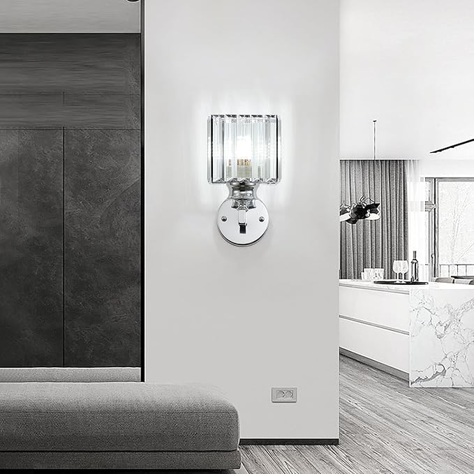 Hardwired Crystal Wall Sconces, Modern E27 Wall Lights, Silver Square Finish Wall Lamp for Living Room Bedroom Dining Room Hallway Entryway (Silver Square)