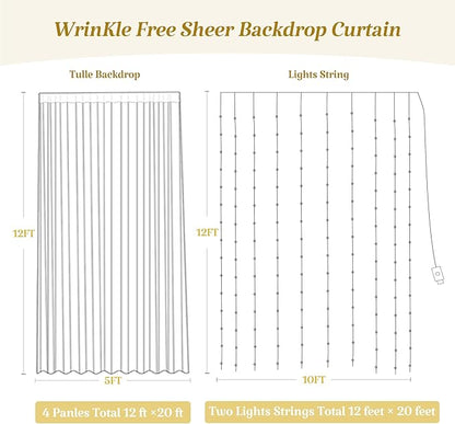 20×12ft Champagne Tulle Backdrop Curtain with Lights String for Parites Sheer Fabric Backdrop Curtains for Wedding Baby Shower Birthday Party Backdrop Drapes Photo Shoot Background 4 Panels 5ft×12ft