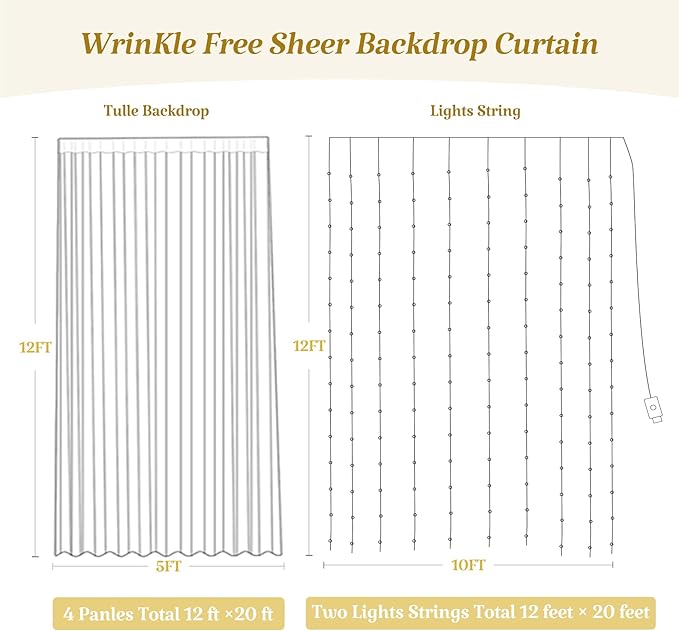 20×12ft White Tulle Backdrop Curtain with Lights String for Parites Sheer Fabric Backdrop Curtains White Backdrop Drapes for Wedding Baby Shower Birthday Party Photo Shoot Background 4 Panels 5ft×12ft
