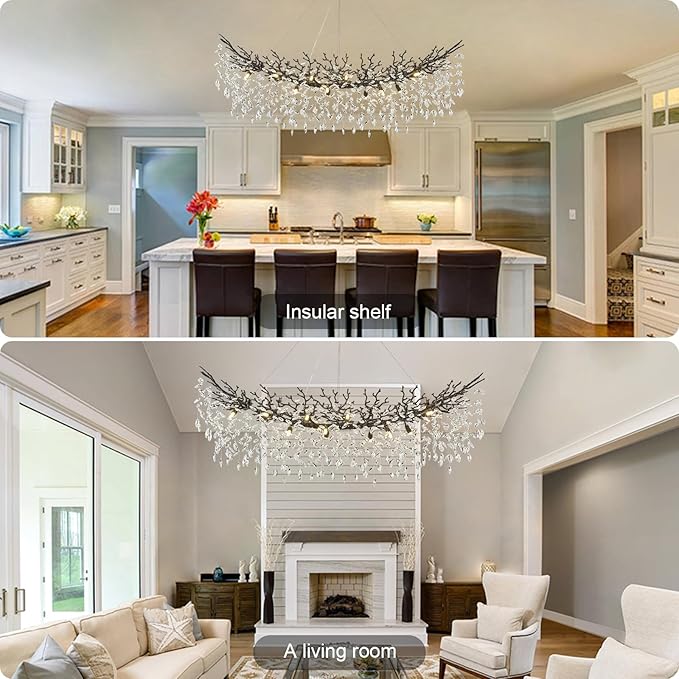 Modern Crystal Black Chandelier,63" Large Rectangular Dining Room Over Table Chandeliers, Tree Branch Crystal Lving Room Chandelier for High Ceiling,Kitchen Island