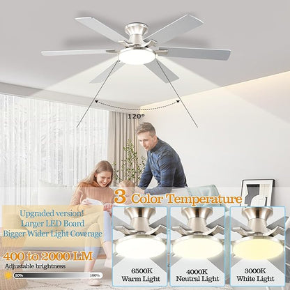 Ceiling Fans with Lights,54 Inch Low Profile Ceiling Fan with Light and Remote Control,6 Speeds/6 Blade,Flush Mount,LED Dimmable DC Reversible Modern, Nickel Ceiling Fan for Bedroom/Living Room