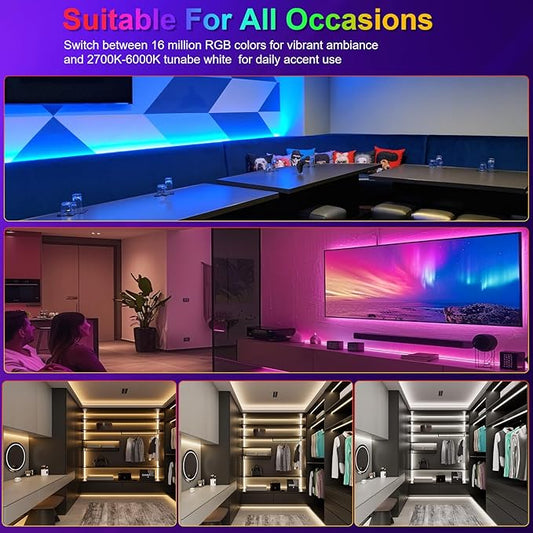 JOYLIT 32.8FT RGBCCT COB LED Strip 24V Indoor, RGB 2700-6500K CCT Tunable White 5 in 1 Color Changing Dotless LED Tape 840LEDs/M, 19W/M Multicolored Light Strip for Bedroom, Party (Lights Only)