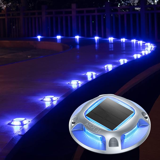 AGPTEK Solar Driveway Lights Outdoor 1 Pack, 2 Color Modes LED Deck Dock Marine Waterproof Security Marker Lights for Step Sidewalk Stair Garden Pathway Walkway Yard(Blue Light/Cool White)