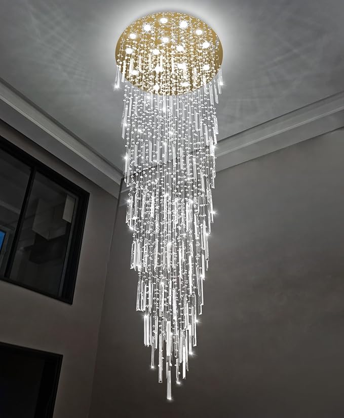 D40'' x H120'' Crystal Chandelier High Ceiling Chandeliers for Entryway Large Raindrop Chandeliers LED Dimmable Flush Mount Light Fixtures for Staircaes Foyer Hallway Living Room Bulbs Included Gold