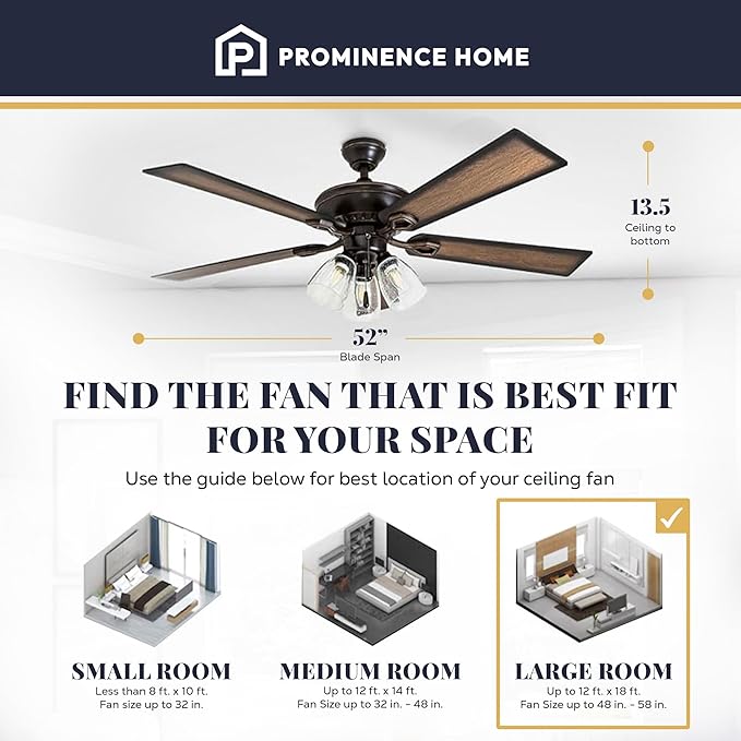 Prominence Home Glenmont, 52 Inch Farmhouse LED Ceiling Fan with Light, Pull Chain, Three Mounting Options, Dual Finish Blades, Reversible Motor - 40278-01 (Oil-Rubbed Bronze)