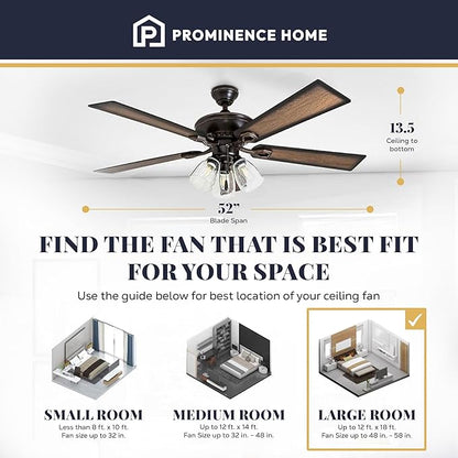 Prominence Home Glenmont, 52 Inch Farmhouse LED Ceiling Fan with Light, Pull Chain, Three Mounting Options, Dual Finish Blades, Reversible Motor - 40278-01 (Oil-Rubbed Bronze)