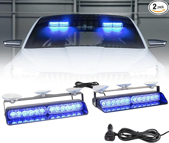 2-in-1 Blue LED Warning Dash Windshield Strobe Lights, 26 Modes 12/24V Emergency Traffic Advisor 2 x 8.4 Inch Car Front/Rear Dash Windshield Strobe for Trucks Vehicles Snow Plow