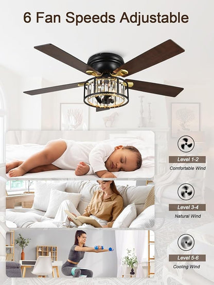 52" Flush Mount Crystal Ceiling Fan with Lights and Remote, Rustic Chandelier Ceiling Fan Low Profile Farmhouse Fandelier Light for Bedroom Living Room Kitchen, 3 E12 Bulbs (Not Included)
