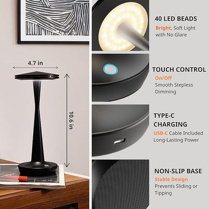 LED Cordless Table Lamps Rechargeable - Outdoor Battery Operated Portable Table Light 3 Color Stepless Dimming Tables Lamp with Memory Function, IP54 Waterproof for Patio Restaurant Dining (Black)