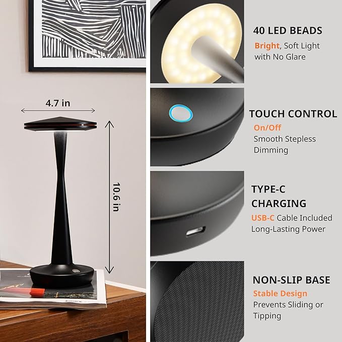 LED Cordless Table Lamps Rechargeable - Outdoor Battery Operated Portable Table Light 3 Color Stepless Dimming Tables Lamp with Memory Function, IP54 Waterproof for Patio Restaurant Dining (2 Black)