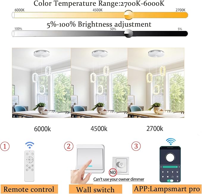 Modern LED Ring Chandelier Dimmable Crystal Ring Pendant Light for Kitchen Island Crystal Ring Chandelier for Dining Room Bedroom Living Room 3-Light Silver