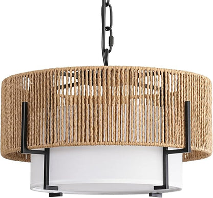 12.6" Rattan Pendant Light, Boho Chandelier Light Fixture with Fabric Shade, Farmhouse Rattan Hanging Ceiling Lighting Fixture for Dining Room, Living Room, Kitchen Island, Bedroom, Hallway, Foyer