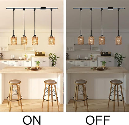 MELUCEE 4 Packs H-Type Track Hanging Light Black Ceiling Track Lighting Fixtures Rattan Pendant Light for Kitchen Island Dining Room Restaurant, Compatible with H Type Track Lighting Rail, E26 Socket