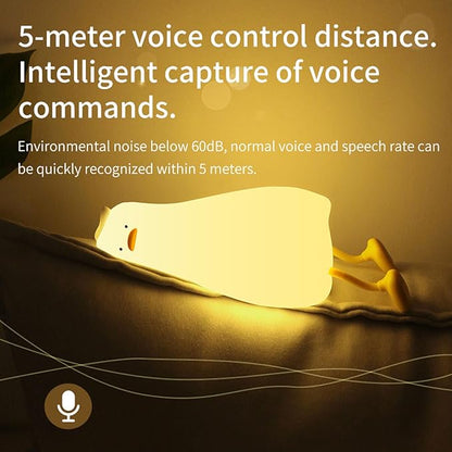 HAPPYBAG Cute Lying Flat Duck Night Light,Voice Control Fun Duck Lamp,LED Squishy Duck Light Soft Silicone Dimmable Nursery Nightlight Rechargeable Bedside Touch Lamp Baby Kids Room Decor