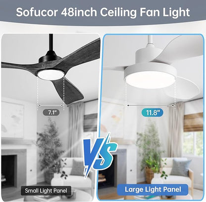 Sofucor 48 Inch Ceiling Fan with Lights and Remote Flush Mount Modern Outdoor Ceiling Fans with 3 CCT Dimmable, 6 Speed, Quiet DC Motor &Timer for Bedroom Patios Indoor White