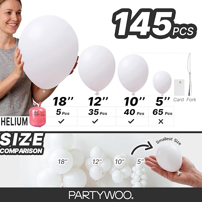 PartyWoo White Balloons 145pcs Different Sizes Pack of 18 12 10 5 Inch Matte White Latex Balloon Arch Kit Garland for Wedding Bridal Graduation Baby Shower Birthday Party Decorations White-Y13