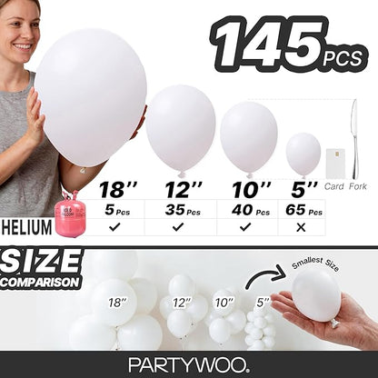 PartyWoo White Balloons 145pcs Different Sizes Pack of 18 12 10 5 Inch Matte White Latex Balloon Arch Kit Garland for Wedding Bridal Graduation Baby Shower Birthday Party Decorations White-Y13